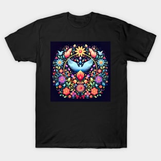 Love Peace and Harmony Flower Pattern with Blue Wings T-Shirt